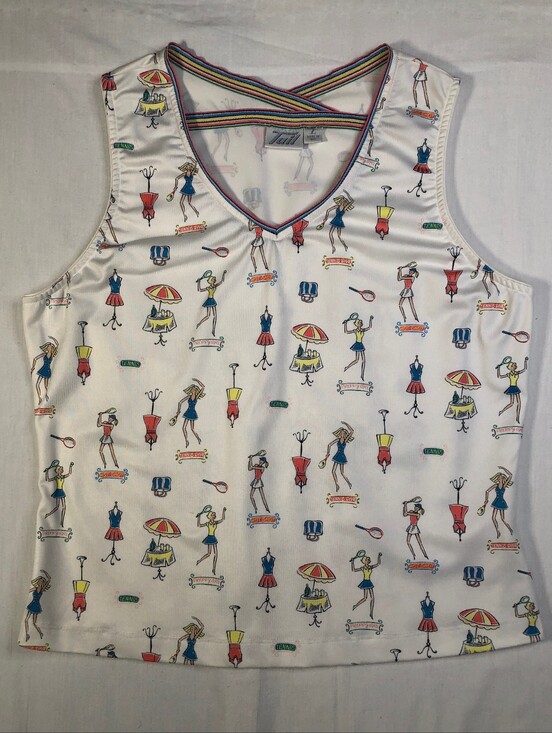 Tail Tops - Vintage 80's Tail Brand Wht Tennis Tank Top with Multicolor Cartoon Print Size L